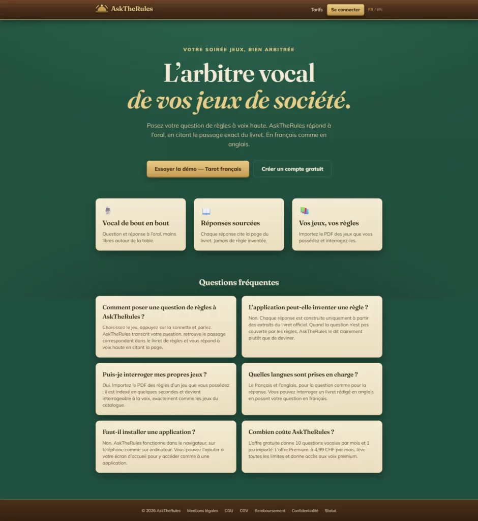 Capture de la page d'accueil d'asktherules.app