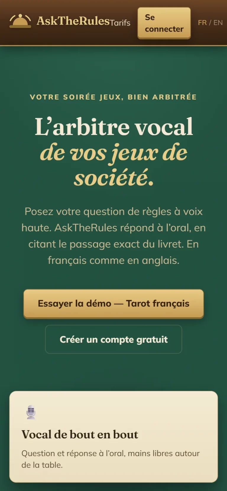 Capture mobile de la page d'accueil d'AskTheRules