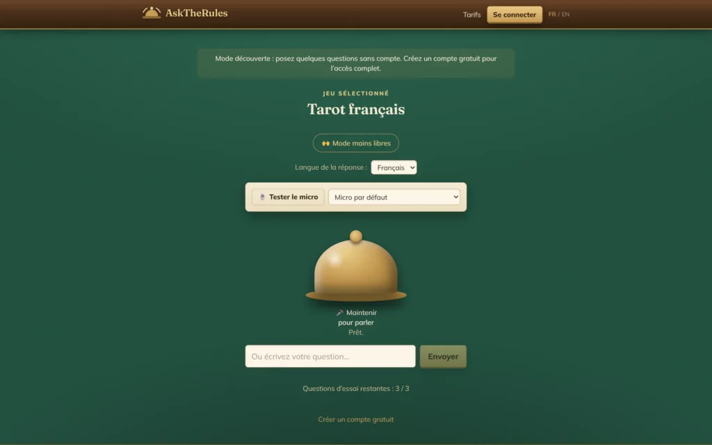 Capture de la démo publique d'AskTheRules pour le tarot