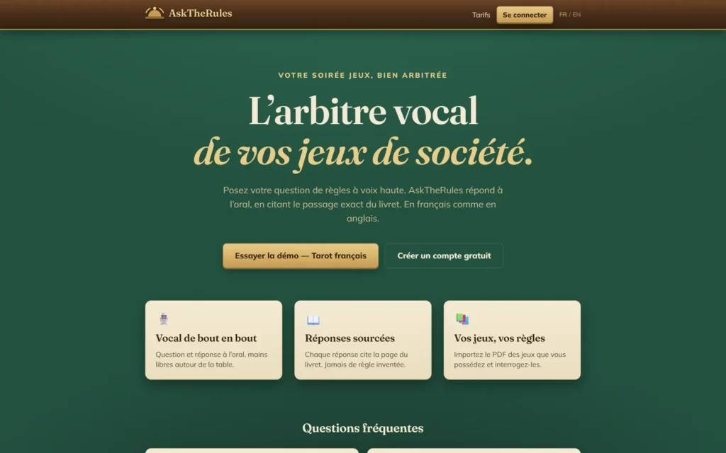 Page d'accueil d'AskTheRules : « L'arbitre vocal de vos jeux de société »