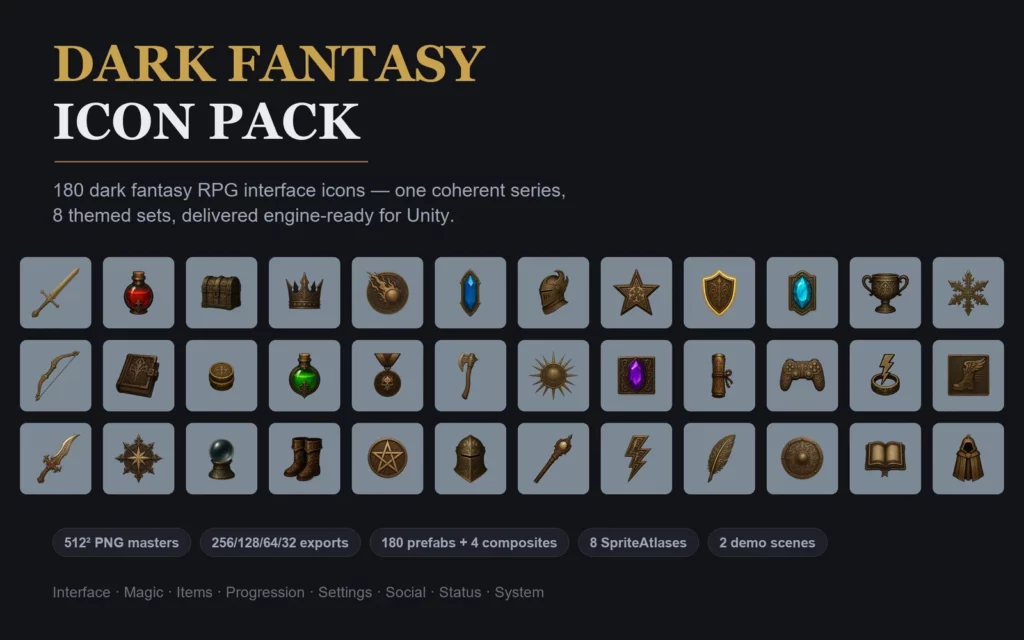 Couverture du Dark Fantasy Icon Pack : mosaïque d'icônes fantasy générées