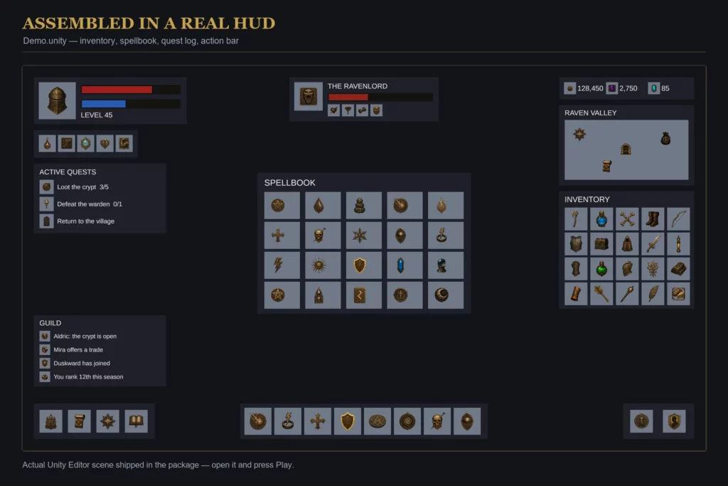 HUD de démonstration dans Unity : inventaire, grimoire et barre d'action