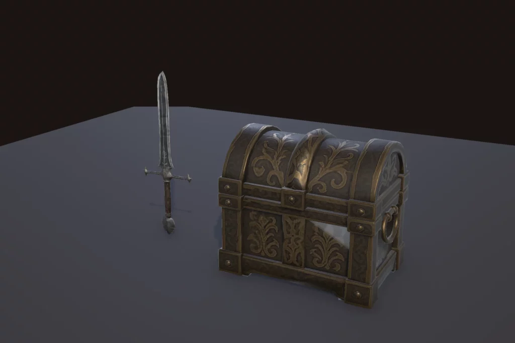 Épée et coffre générés en 3D, rendus dans Unity