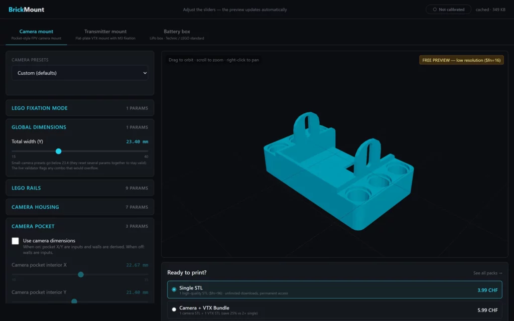 Capture du configurateur BrickMount avec aperçu 3D