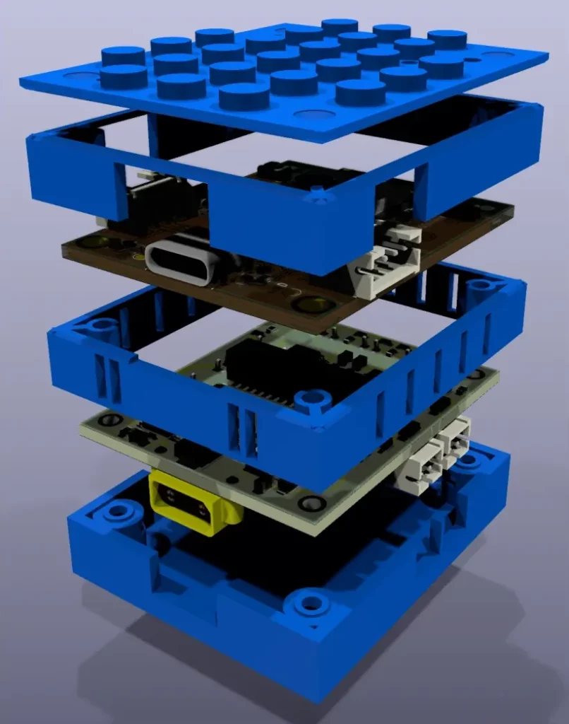Vue éclatée du boîtier LEGO bleu et des deux cartes