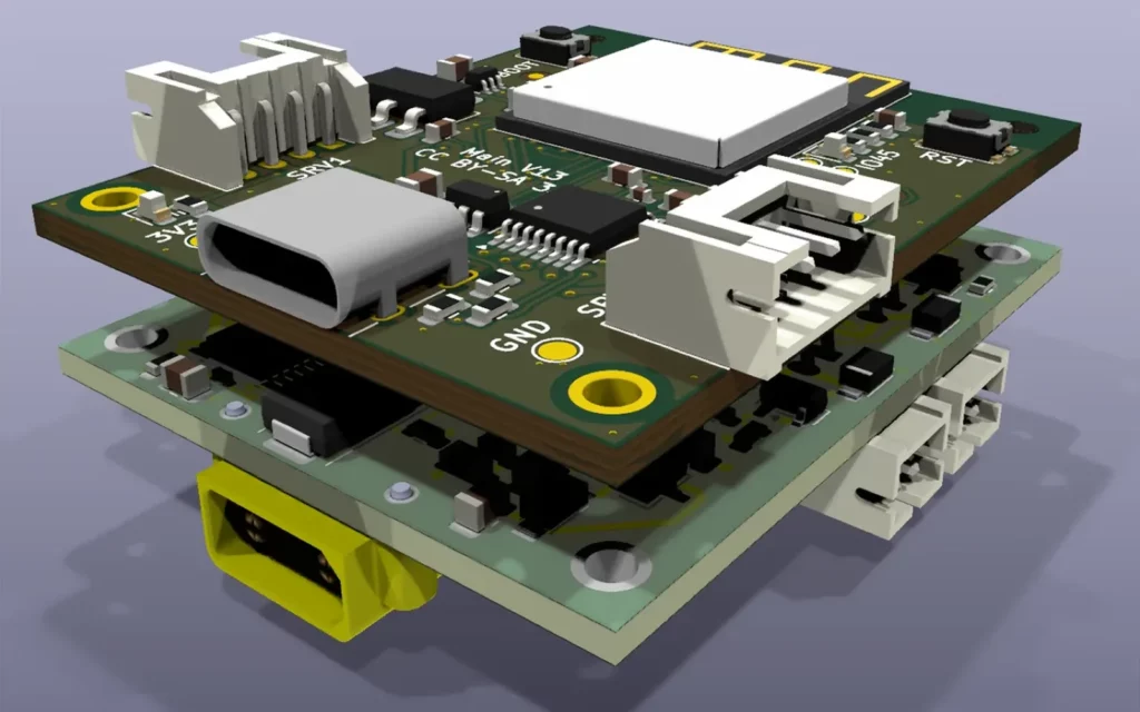 Rendu 3D de la pile de deux cartes électroniques V13 : carte ESP32-S3 au-dessus de la carte de puissance
