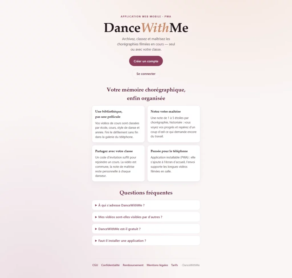 Capture de la page d'accueil de DanceWithMe