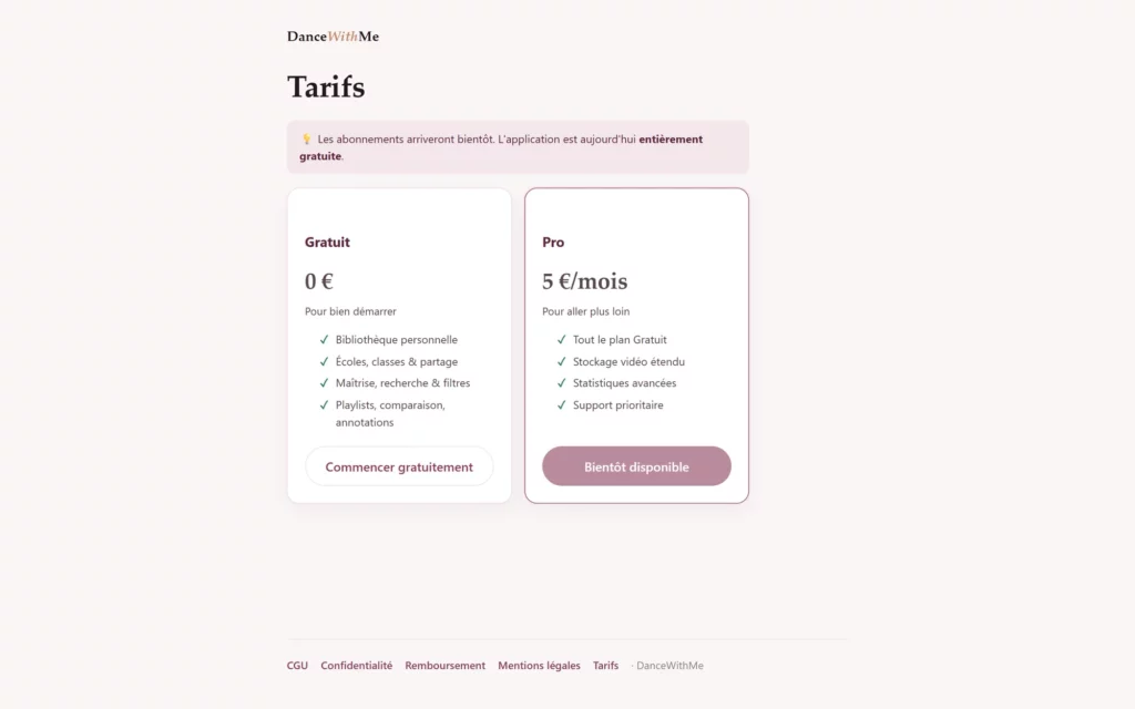 Capture de la page tarifs de DanceWithMe