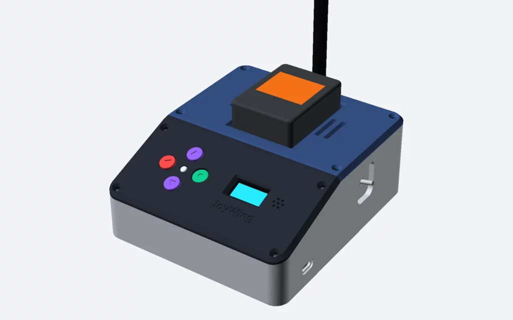 Rendu 3D du boîtier JoyWing avec son module radio et son antenne