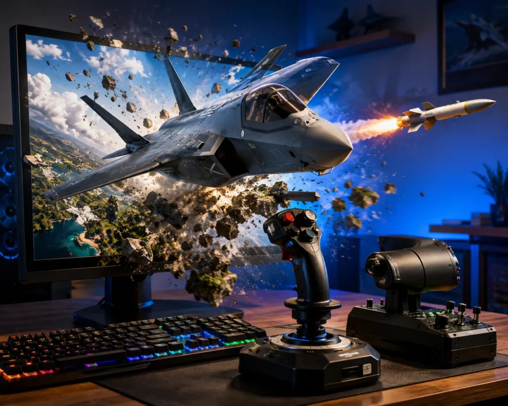 Visuel produit JoyWing : un avion sort d'un écran à côté d'un joystick