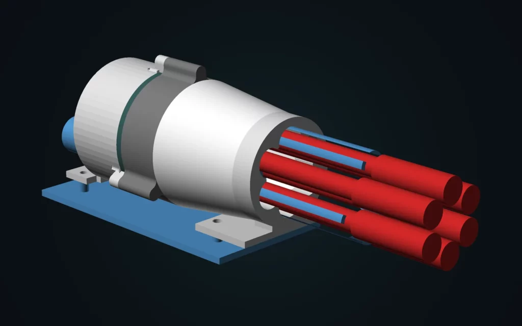 Rendu 3D du lance-missiles assemblé avec son barillet de six tubes