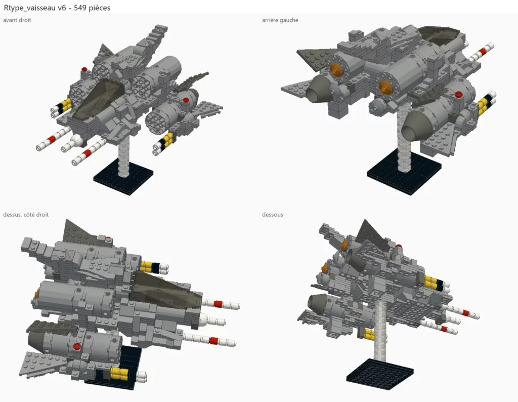 Planche de quatre vues du vaisseau en pièces LEGO